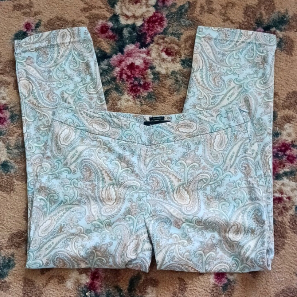 Talbots Chatham pants midrise cropped zipper paisley blue peach green 8 P